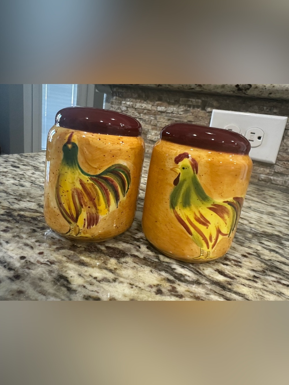 Hand-Painted Rooster Ceramic Salt & Pepper Set in Yellow and Brown